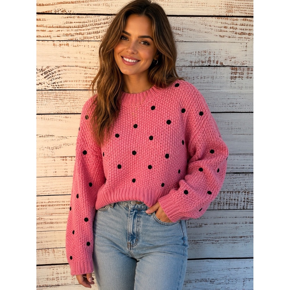 Sugar + Lips Pink Polka Dot Wool Blend Chunky Knit Sweater T9159ST Small